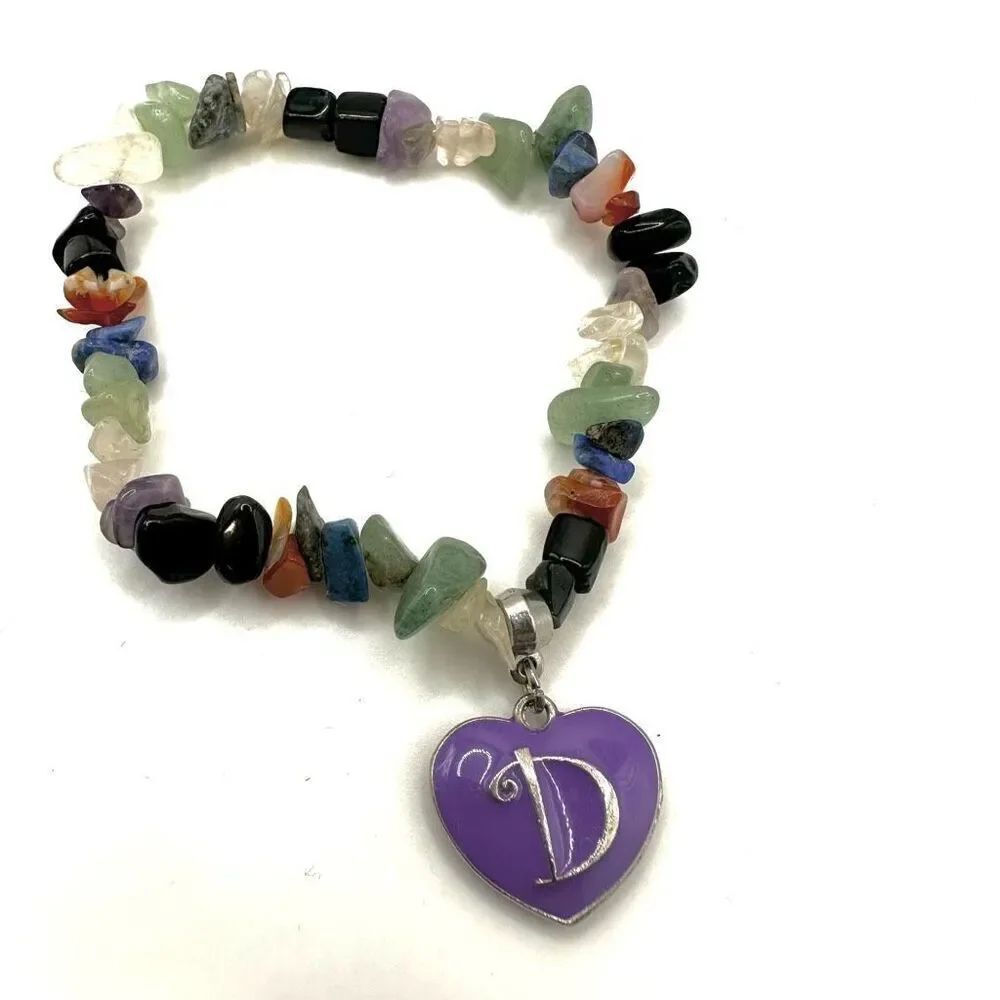 Multi gemstone D heart monogram charm bracelet